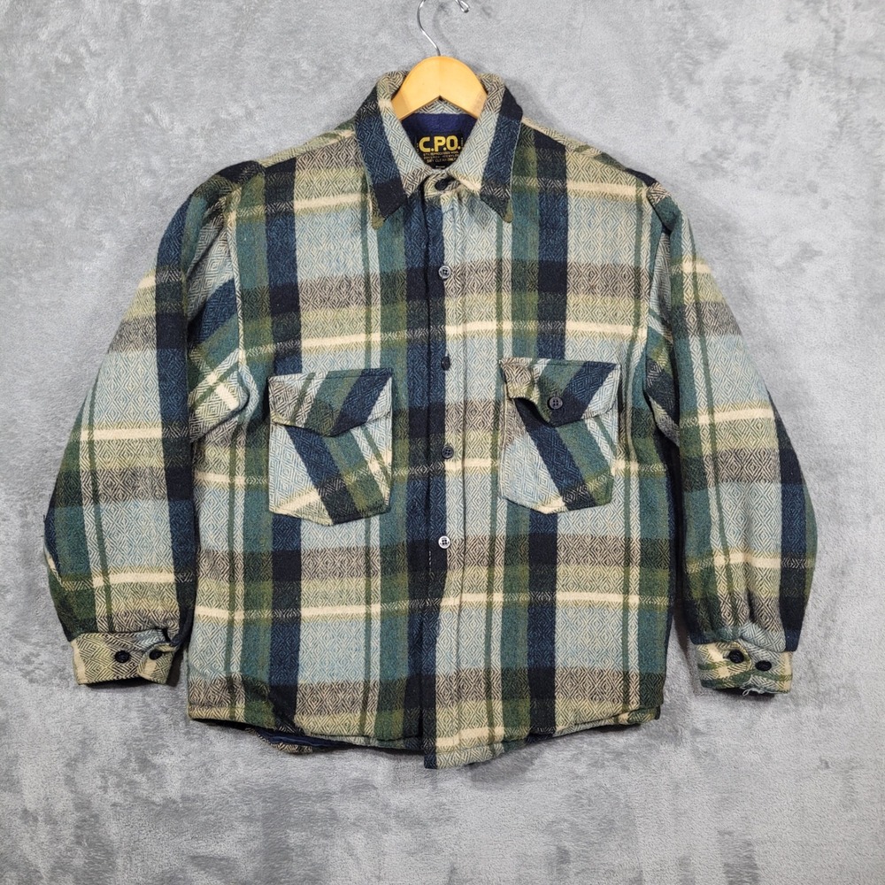 Vtg 70s CPO Shirt Jacket Mens M Blue Green Plaid Wool Linen Lined Heavy Shacket
